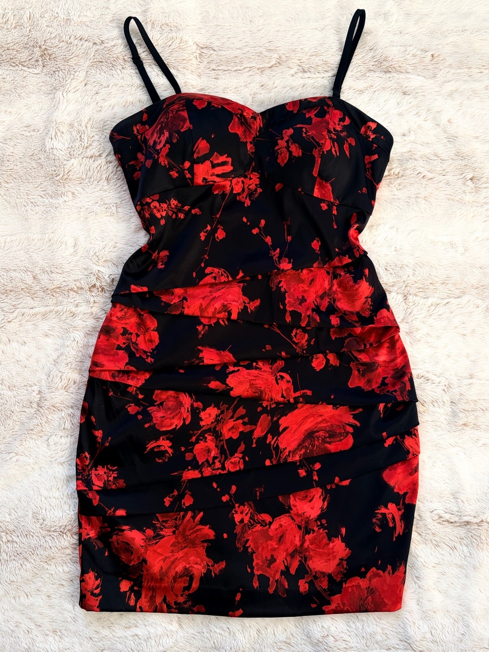 ♥️ GUESS Y2K Red Floral Satin Bodycon Dress Ruched Corset Strapless Going Out